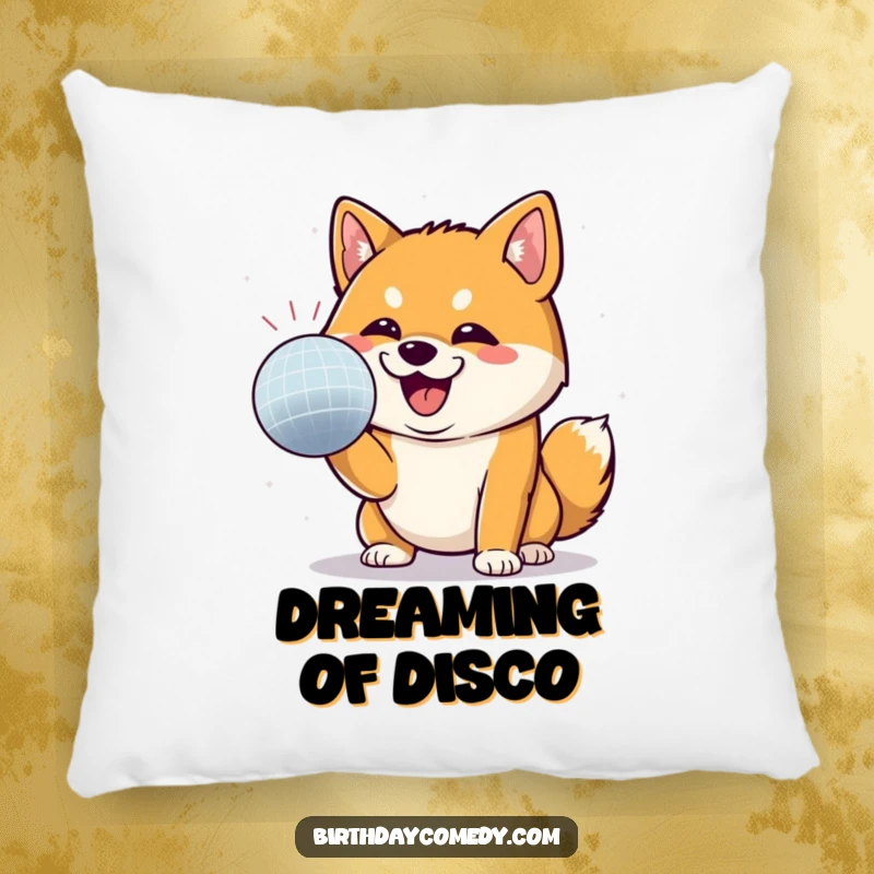 Funny Shiba Inu pillow featuring a Shiba Inu mid-bat at a disco ball, exuding playful determination and party spirit.