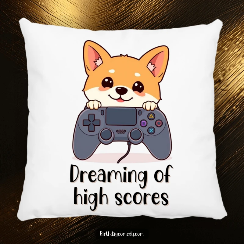 Funny Shiba Inu pillow featuring a Shiba Inu peeking with alert ears from behind a large game controller, the ultimate gamer comfort.