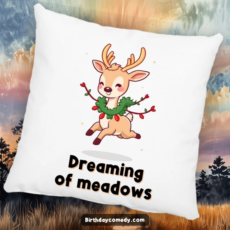 Funny pillow design: A cute deer wearing a festive garland skips with joy, bringing comfort and holiday cheer.