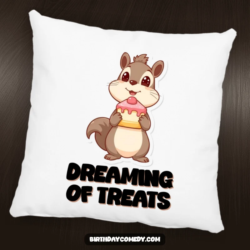 Funny squirrel pillow, holding cake slice, looking up expectantly, soft and comforting, great funny gift.