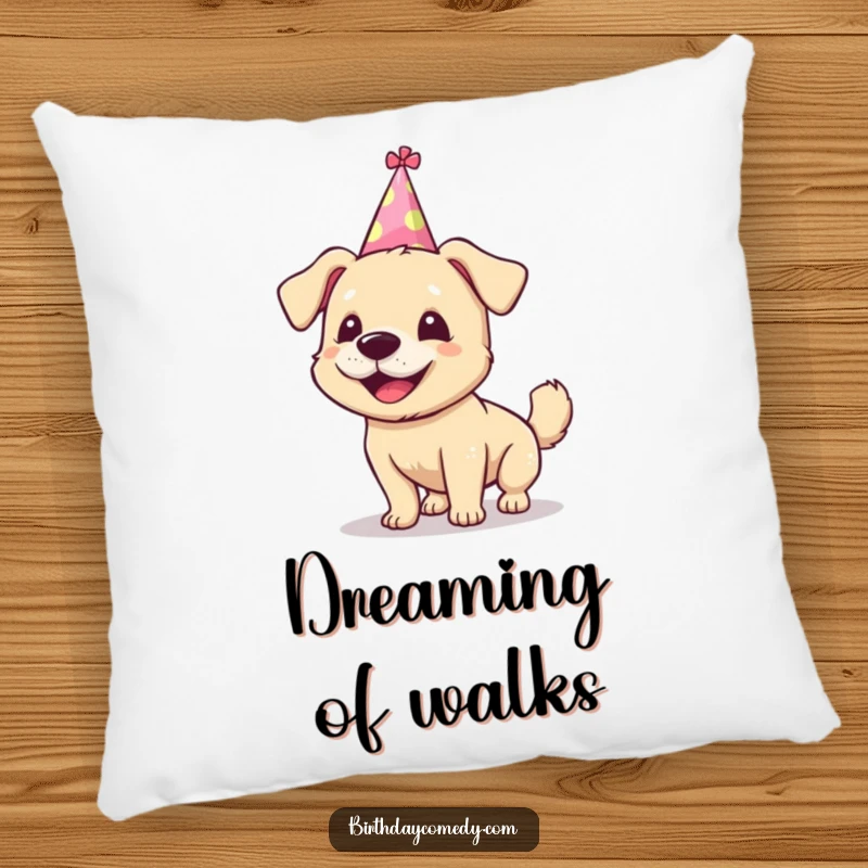 Funny dog pillow, silly party hat, wagging tail, soft and comforting, great funny gift.