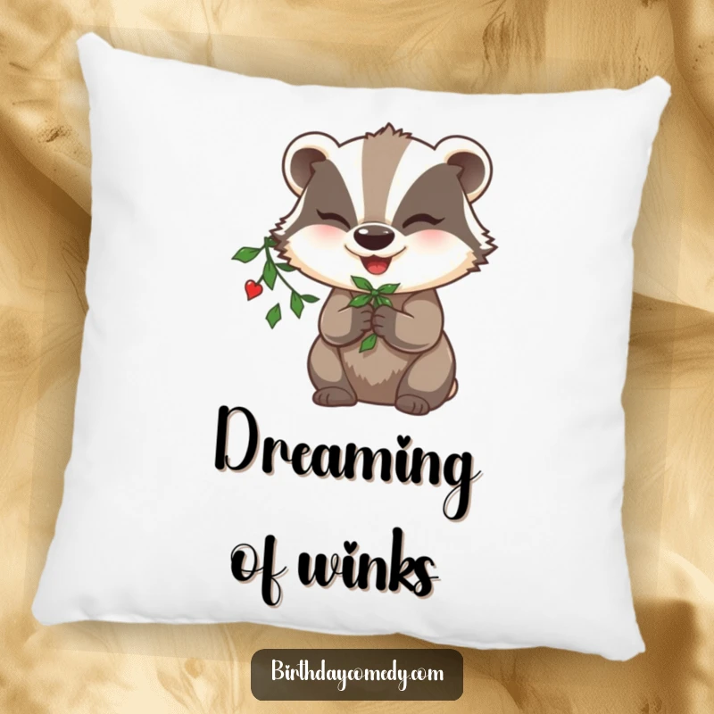 Funny badger pillow, holding mistletoe, winking playfully, perfect for adding cozy holiday charm and whimsy.