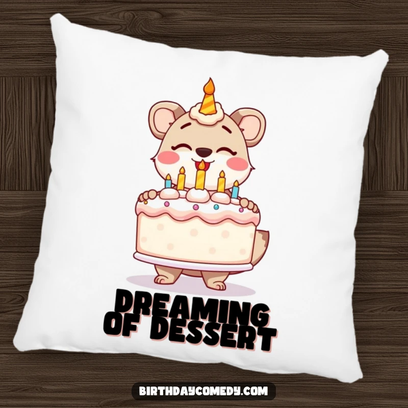 Funny pillow featuring a stylized animal gleefully presenting a giant, frosted birthday cake, perfect for comfort.
