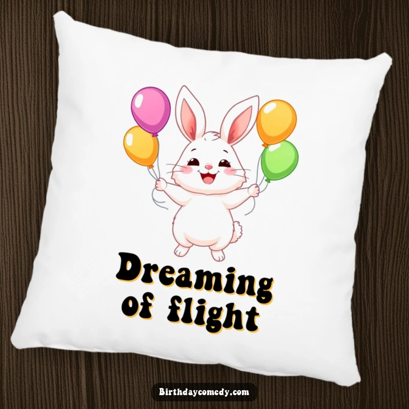 Funny pillow with a fluffy bunny character juggling colorful balloons with a wide smile, bringing joy and softness.