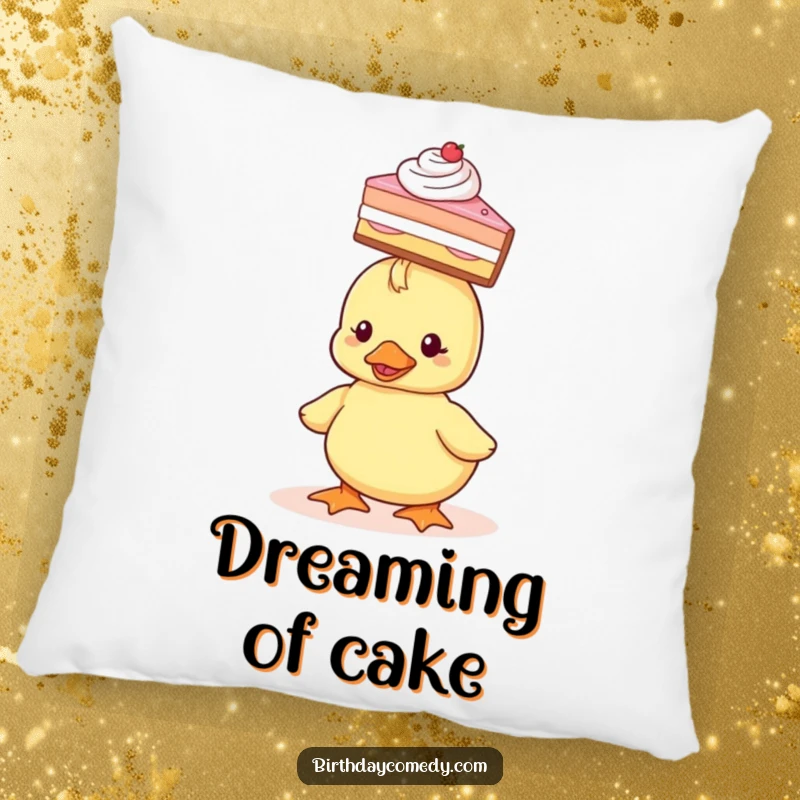 Funny Pillow showcasing a tiny duckling with a slice of cake balanced on its head, offering soft, whimsical comfort.