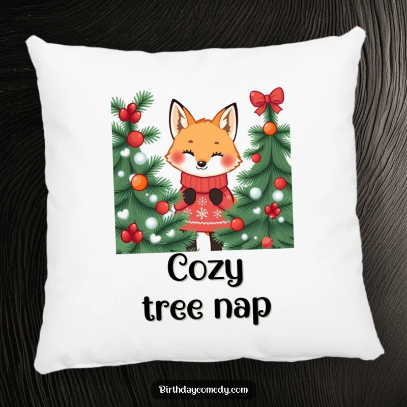 Funny fox pillow, in a festive jumper, peeking from behind a tree, perfect for adding cozy holiday charm.