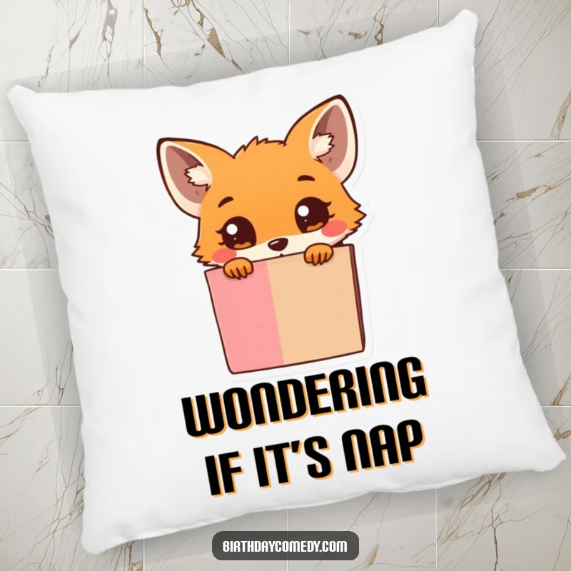 Funny Pillow: A small fox with large, curious eyes peeks from an overstuffed gift box, offering cozy charm.