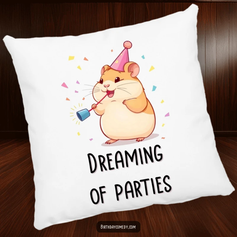 Funny Pillow: Plump hamster with streamer chases confetti, soft cushion for festive comfort.