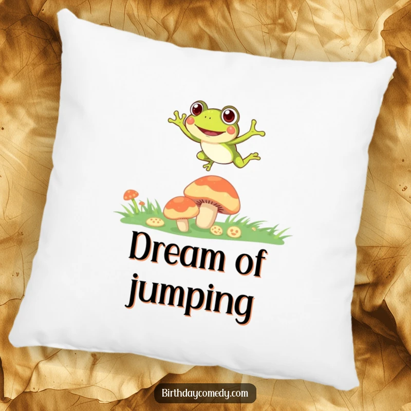 Funny Pillow showcasing a jubilant frog mid-leap between mushrooms, adding a touch of playful decor.