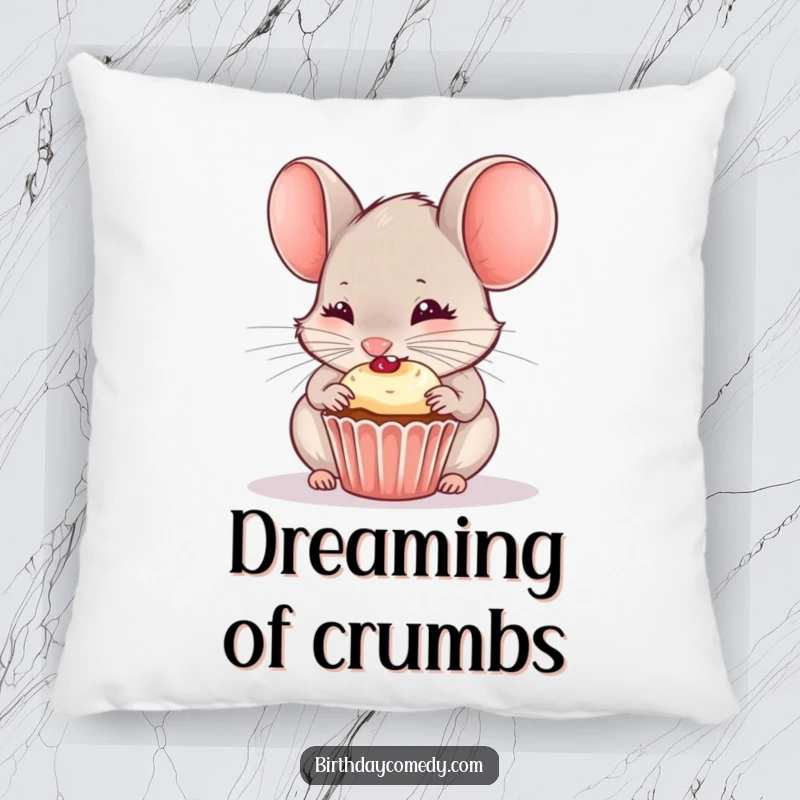Funny pillow featuring a curious mouse gleefully nibbling on a tiny cupcake, adding charm to any room.