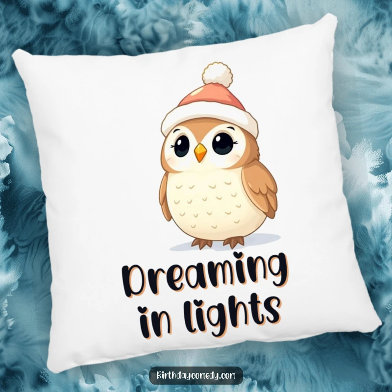 Funny Owl Christmas Pillow: A charming owl in a stocking cap sits peacefully, gazing at twinkling holiday lights, soft and decorative.