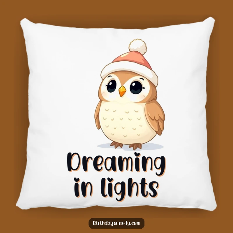 Funny Owl Christmas Pillow: Cozy Stocking Cap Owl and Twinkling Lights, Decorative Holiday Accent Gift