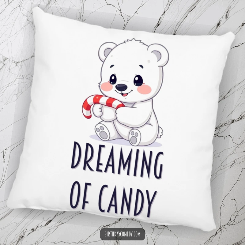 Funny polar bear cub pillow, holding a candy cane, showcasing a sweet smile and curious gaze, perfect for comfy spaces.