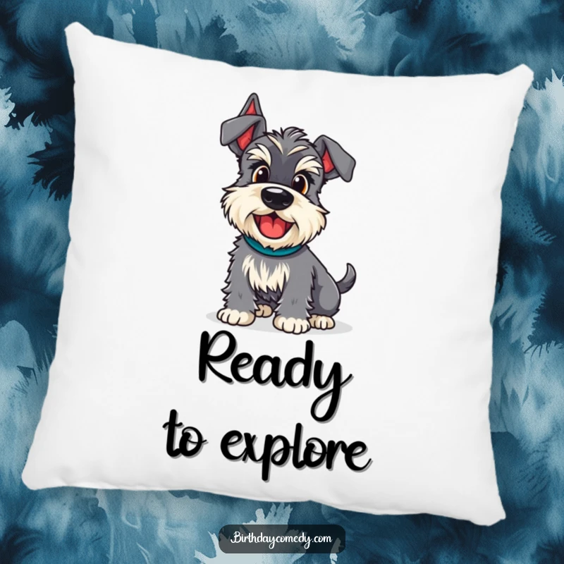 Funny schnauzer pillow showing a dog with an excited wiggle, ready for adventure, adding cheerful comfort.