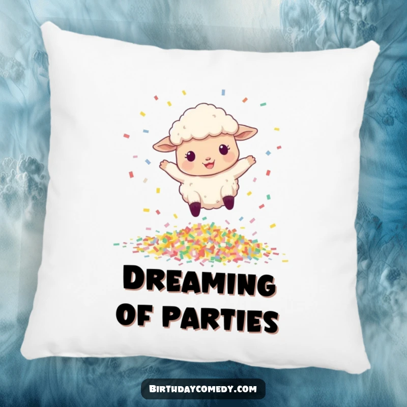 Funny pillow featuring a happy, bouncing sheep leaping over a pile of confetti, adding festive cheer.