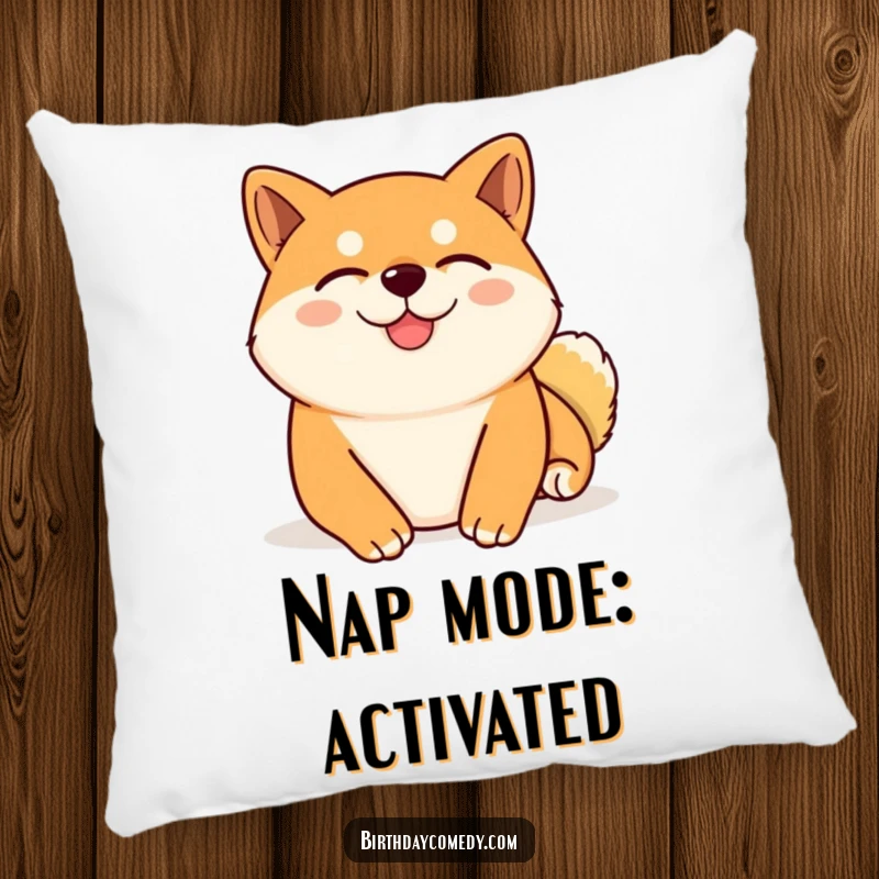 Funny Shiba Inu pillow featuring a content Shiba Inu with eyes closed, enjoying a virtual belly rub, perfect for cozying up.