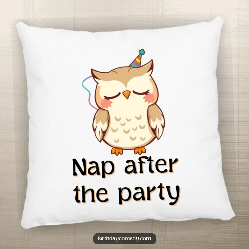 Funny Pillow showcasing a sleepy owl wearing a party streamer, happily nodding, offering soft, whimsical comfort.