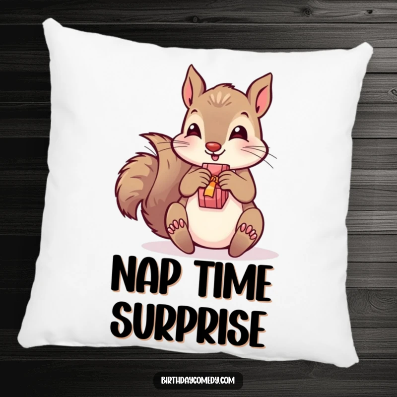 Funny pillow featuring a playful squirrel unwrapping a present with excitement, offering soft comfort and humorous, gift-themed appeal.