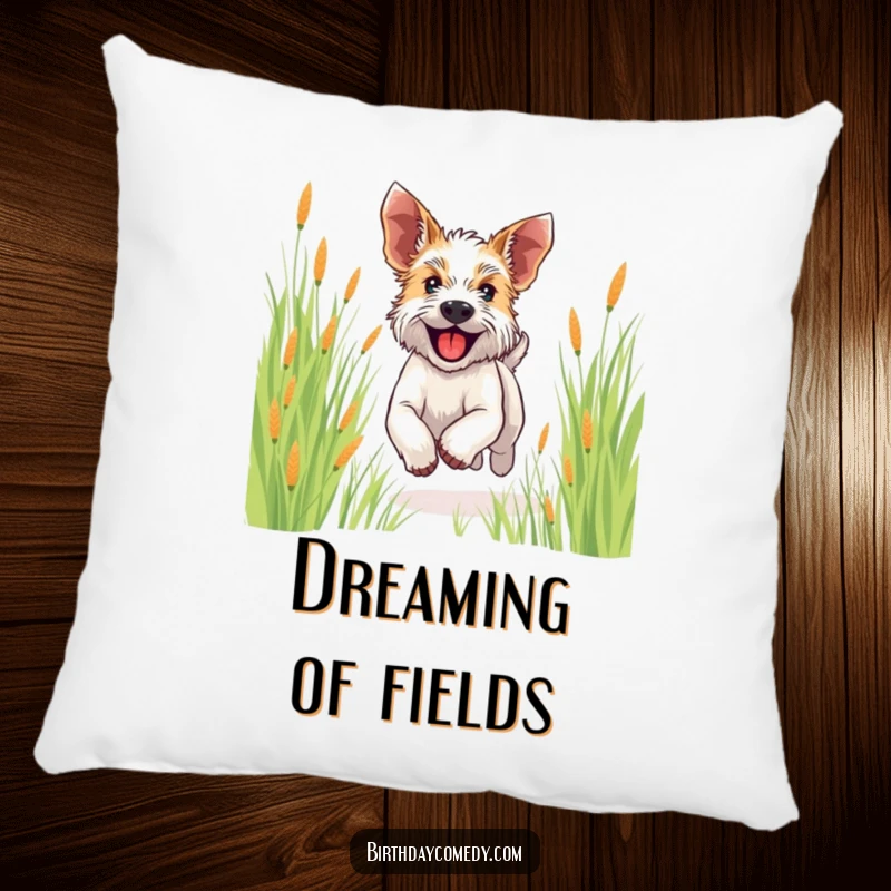 Funny terrier pillow featuring a happy dog running through tall grass, ears flapping, embodying pure joy and freedom.
