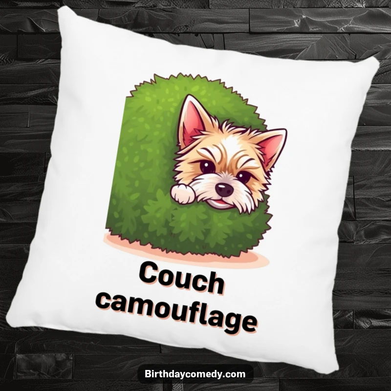 Funny terrier pillow featuring an adorable puppy peeking from behind a bushy green shrub, perfect for adding cute charm.
