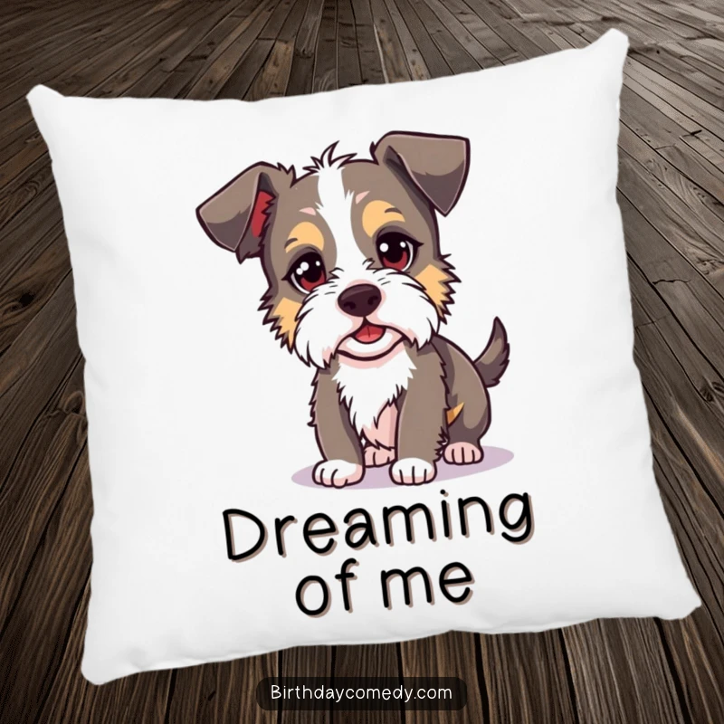 Funny terrier pillow design featuring a silly dog with a mischievous glint, hilariously in pursuit of its own shadow.