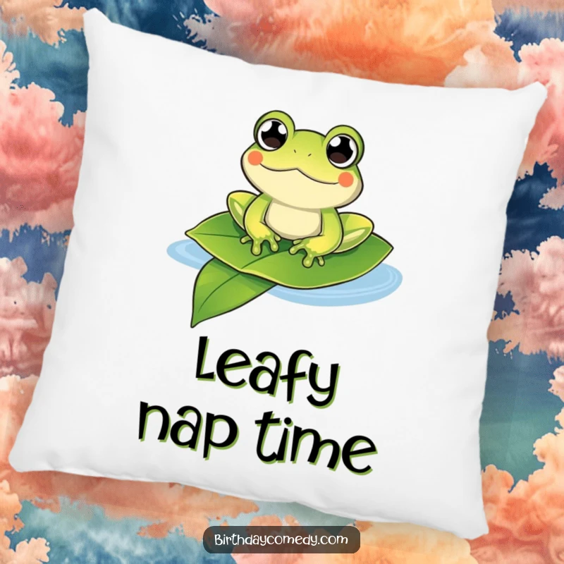 Funny frog pillow showing a content frog with bulging eyes floating on a leaf, offering plush comfort and humor.