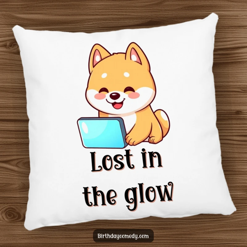 Funny Shiba Inu pillow depicting a Shiba Inu with its head tilted, fixated on a glowing screen, offering humorous comfort.
