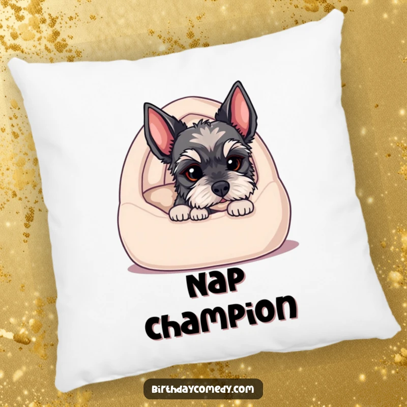 Funny pillow showcasing a schnauzer puppy peeking from a cozy bed, its innocent gaze symbolizing sweet dreams and companionship.