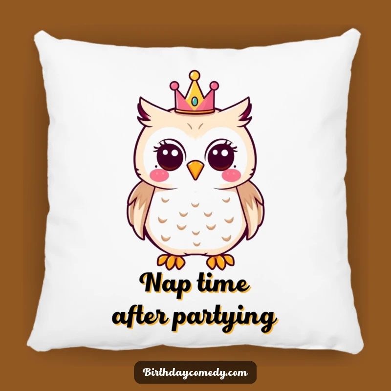 Funny Owl Pillow - Joyful Party Crown Accent, Cozy Humorous Gift Decor
