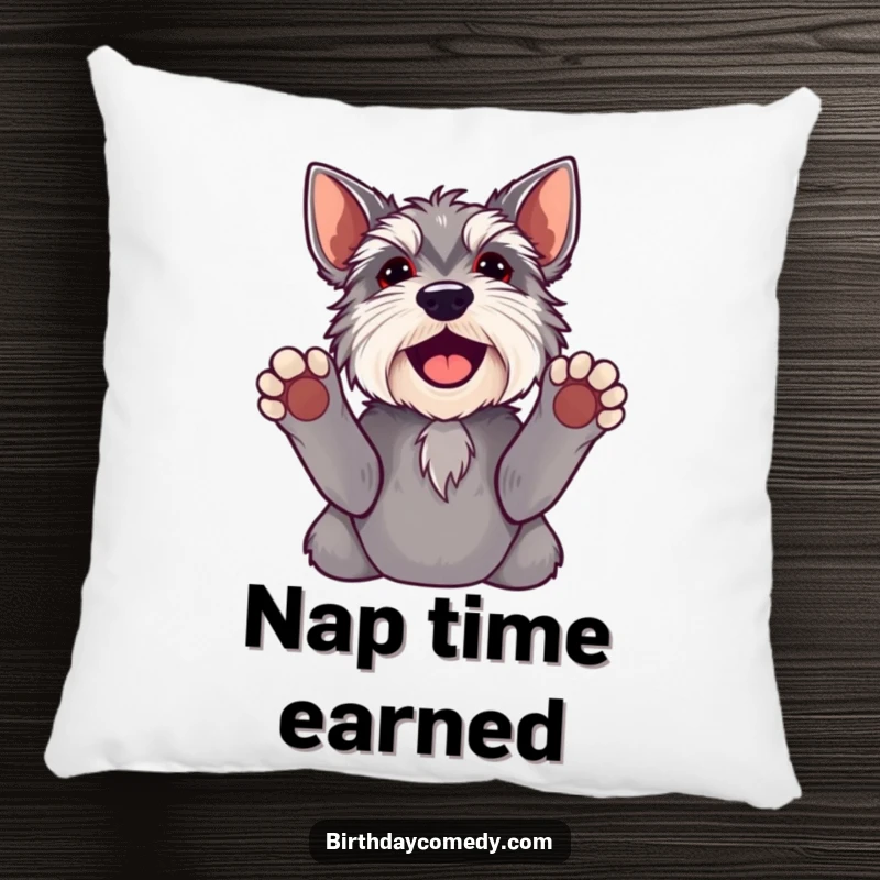 Funny schnauzer pillow featuring a dog with paws up, looking adorably up, adding humorous comfort to home decor.