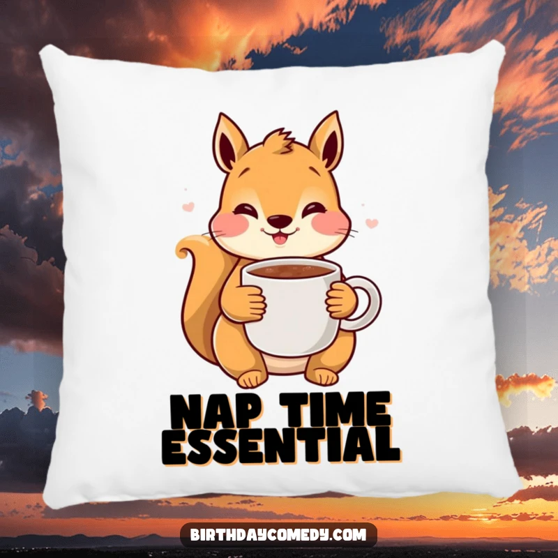 Funny Squirrel Cocoa Pillow: A content squirrel with rosy cheeks holds a steaming mug of cocoa, adding soft comfort and charm.