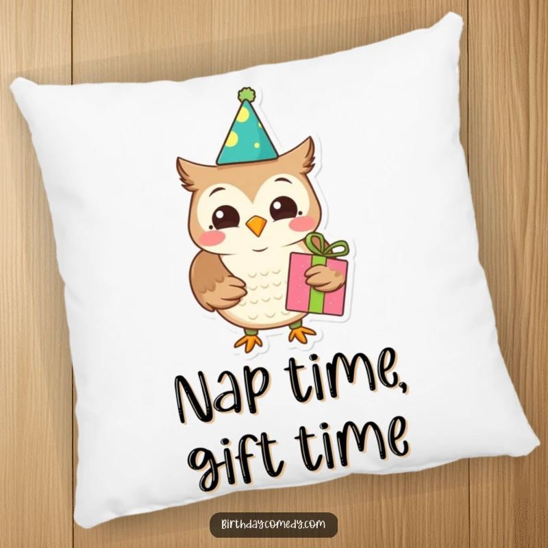 Funny owl pillow, birthday decoration, holding a present, soft and comforting, excellent funny gift.