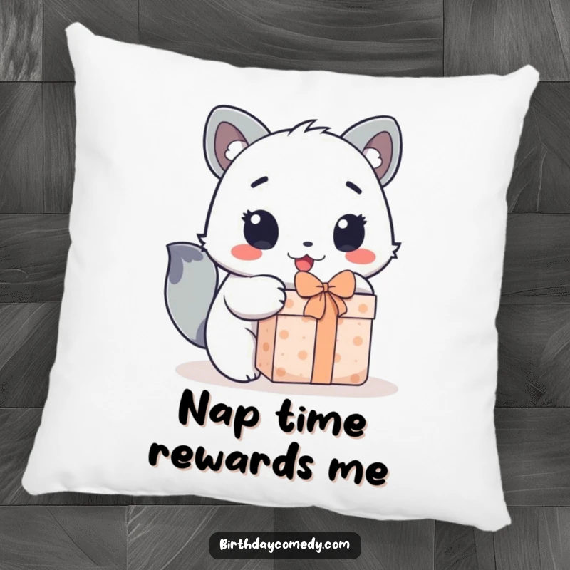 Funny pillow featuring a cute animal character with wide, excited eyes, enthusiastically unwrapping a surprise gift.