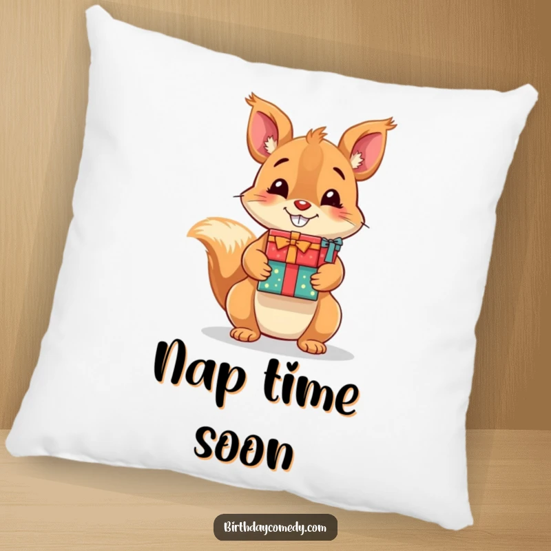 Funny pillow featuring a happy, grinning squirrel holding a stack of presents, adding a touch of whimsy to decor.