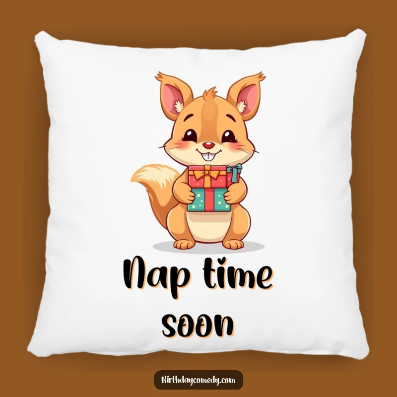 Funny Squirrel Pillow: Cozy Cushion with Smiling Rodent & Presents, Perfect Gift