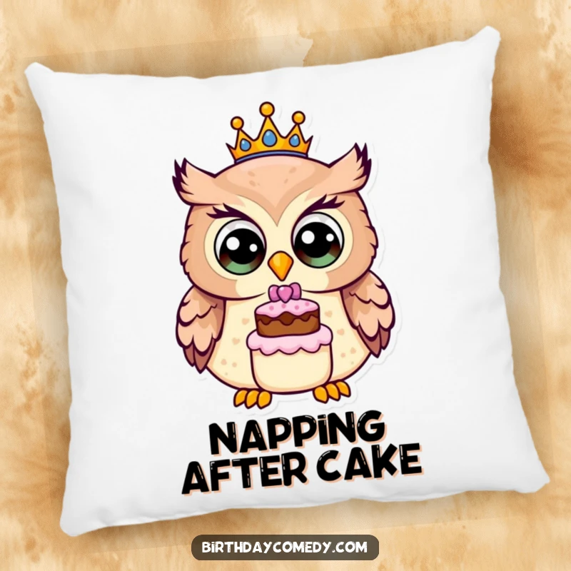 Funny owl pillow, a cheerful owl wearing a birthday crown and holding a small cake, soft and huggable decor for festive fun.
