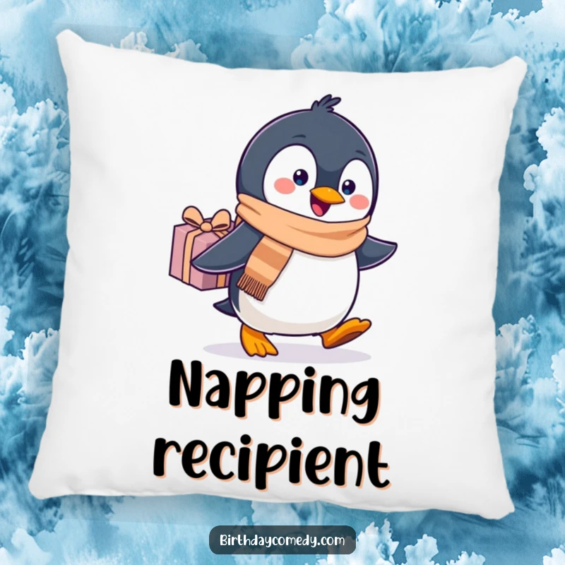 Funny penguin pillow, wearing a scarf, waddling with a gift, soft and inviting for cozy holiday moments.