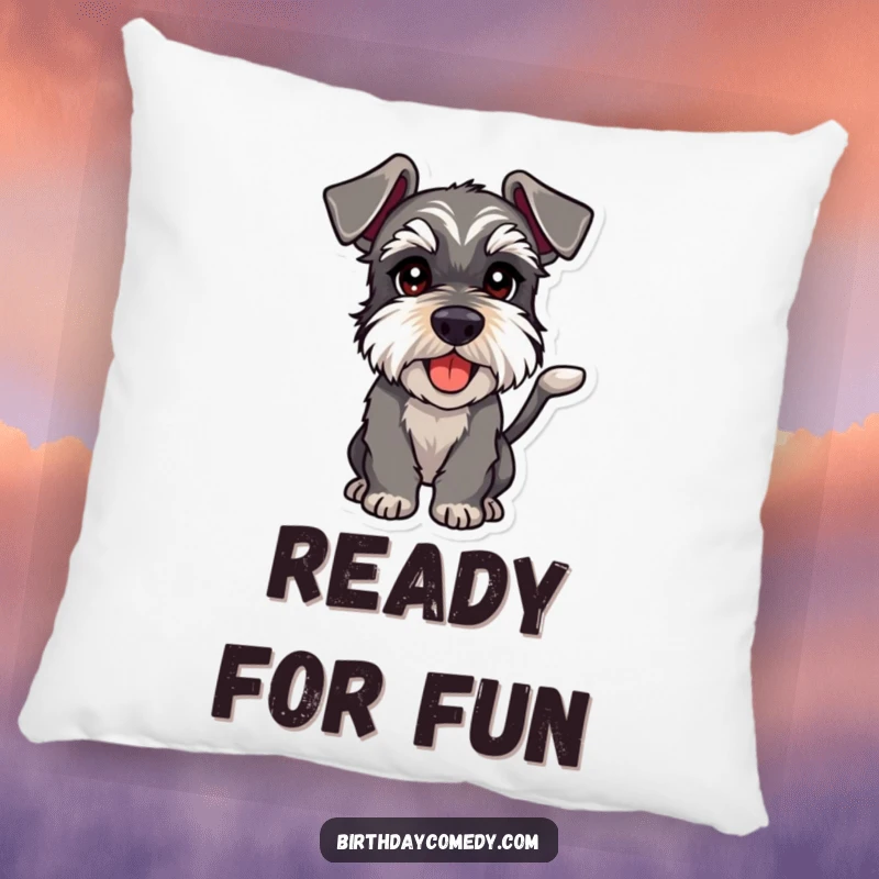Funny schnauzer pillow showing a dog with a wagging tail and playful intent, adding mischievous comfort and charm.