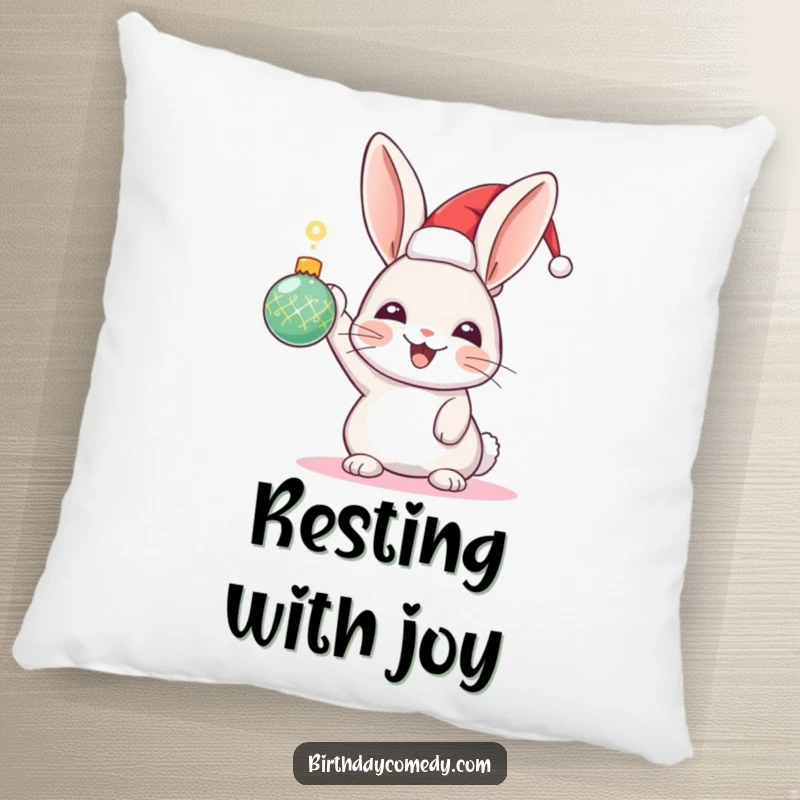 Funny Rabbit Holiday Pillow: A joyful rabbit wearing a festive hat holds a sparkling ornament, adding soft holiday cheer.