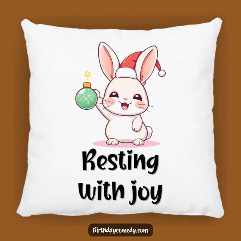 Funny Rabbit Holiday Pillow: Festive Hat Rabbit with Sparkling Ornament, Cozy Decor Gift