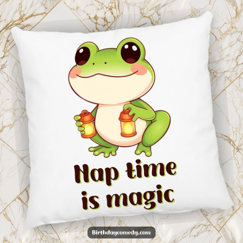 Funny pillow depicting a smiling frog holding a small, softly glowing lantern, offering a blend of comfort and gentle illumination.