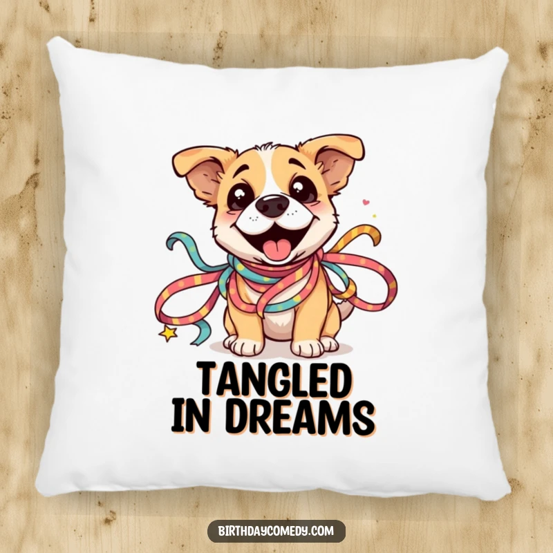 Funny Dog Ribbon Pillow: A silly dog is happily caught in a swirl of colorful festive ribbons, soft and humorous.