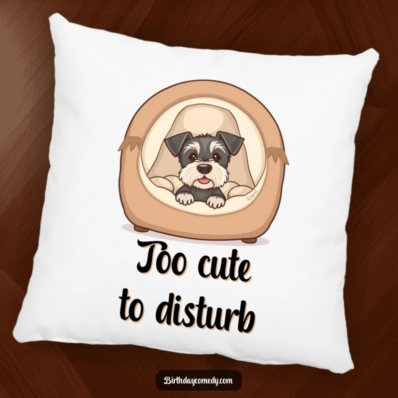 Funny schnauzer puppy pillow showing a cute dog peeking from a cozy bed, adding sweet comfort and humorous charm.