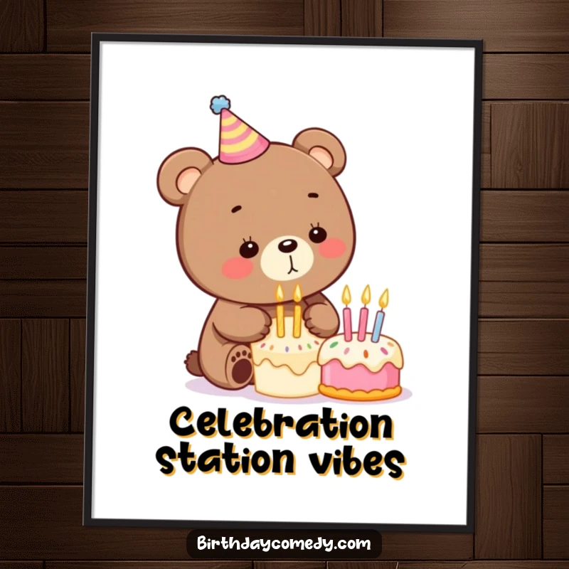 Funny birthday digital art print of a playful bear in a party hat blowing out birthday candles on a tiny cake, ready to download.