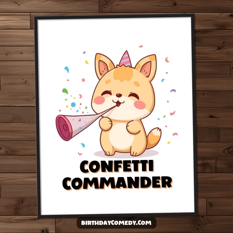 Funny digital art print of a kawaii animal character joyfully blowing confetti from a party horn, capturing pure festive delight for decor.