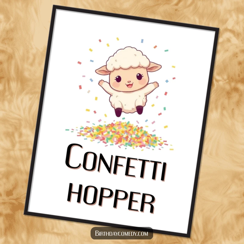 Funny digital art print of a joyful sheep mid-leap over a dynamic pile of colorful confetti.
