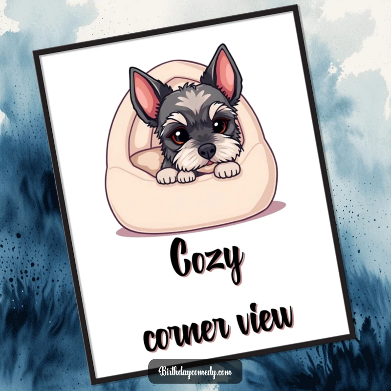 Funny digital art print of a schnauzer puppy peeking from a cozy dog bed, capturing pure innocence and irresistible puppy charm.