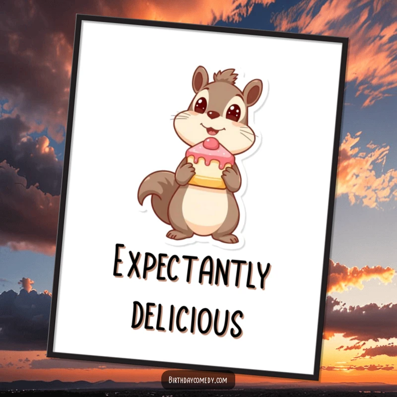 Funny squirrel digital art print, holding cake slice, looking up expectantly, woodland decor, perfect funny gift.