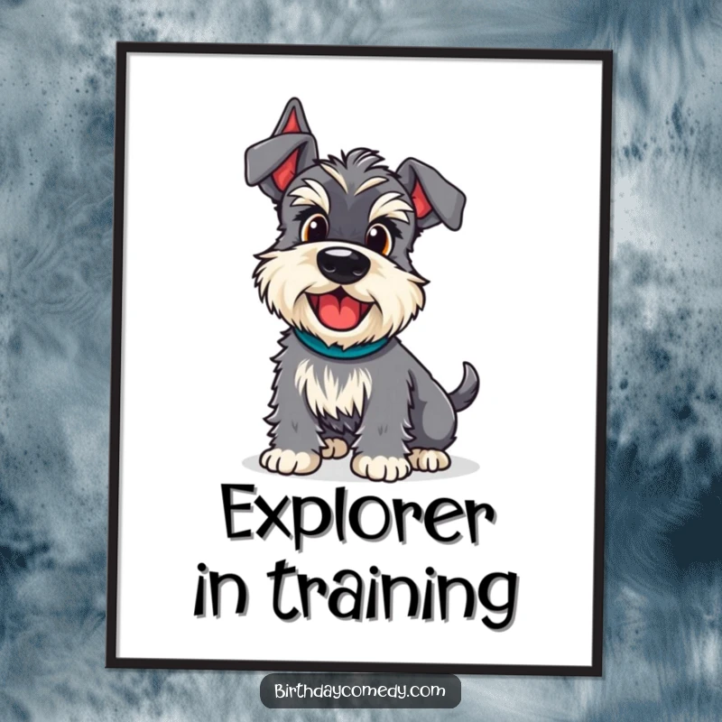 Funny schnauzer digital art print of a dog with an excited wiggle, ready for adventure, showcasing happy energy.