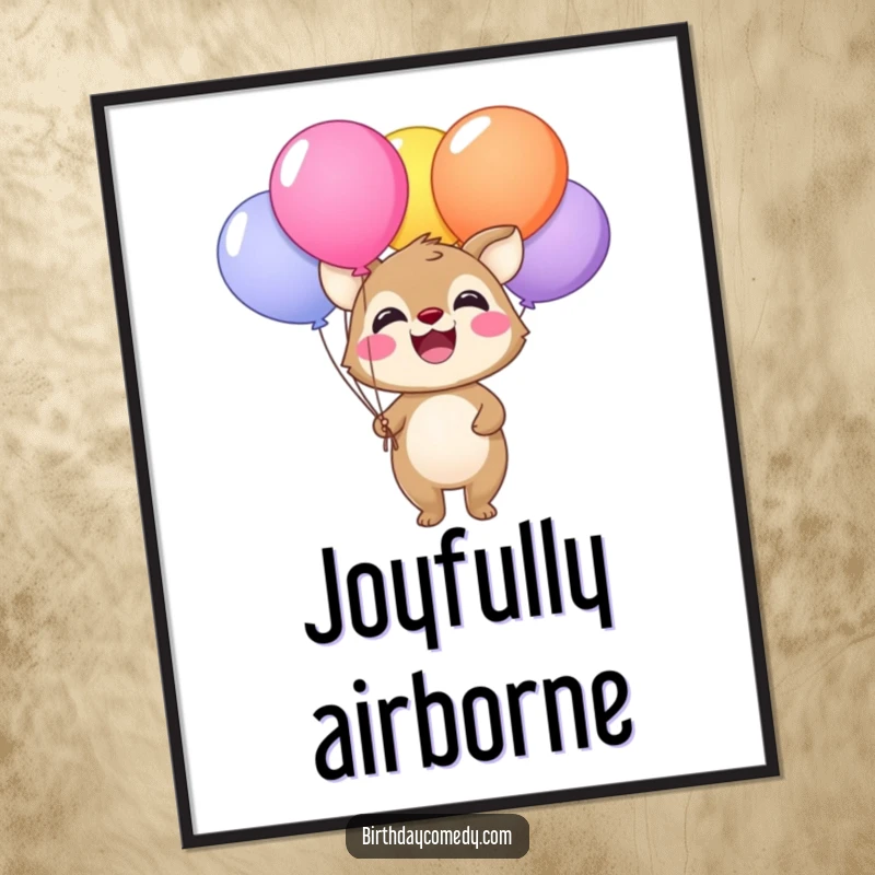 Funny digital art print of a happy animal smiling widely with a bunch of colorful balloons, for decor.